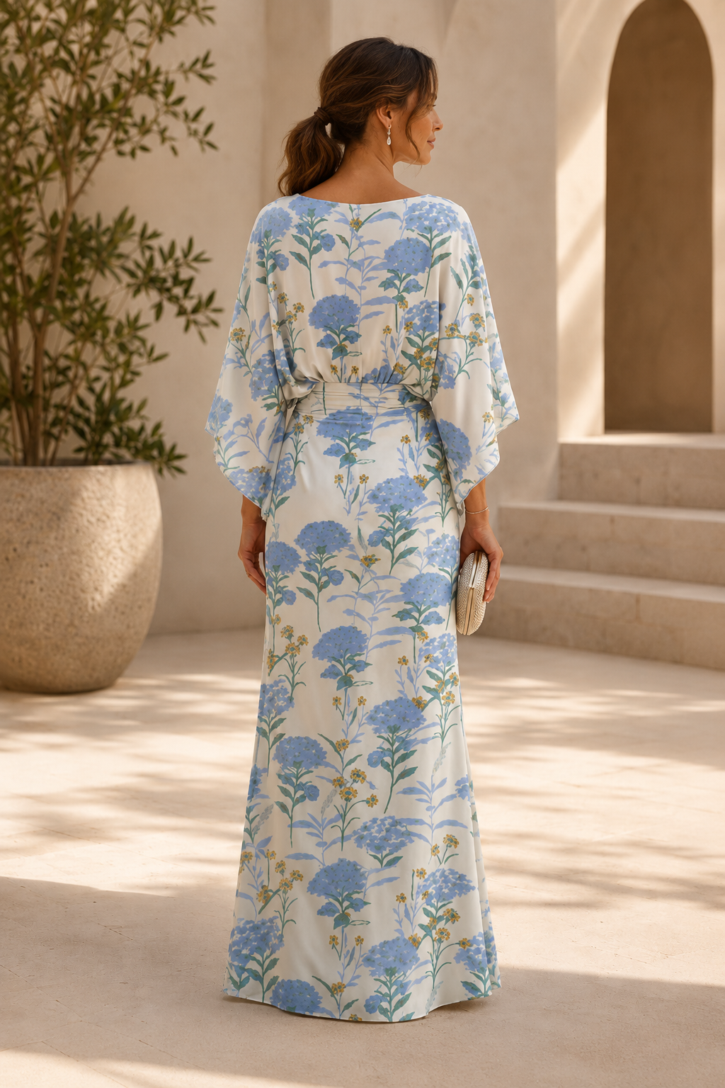 Floral Print Bateau Neck Maxi Dress with Bell Sleeves
