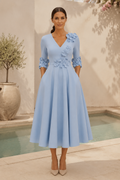 3D Floral Applique Midi Dress with 3/4 Sleeves