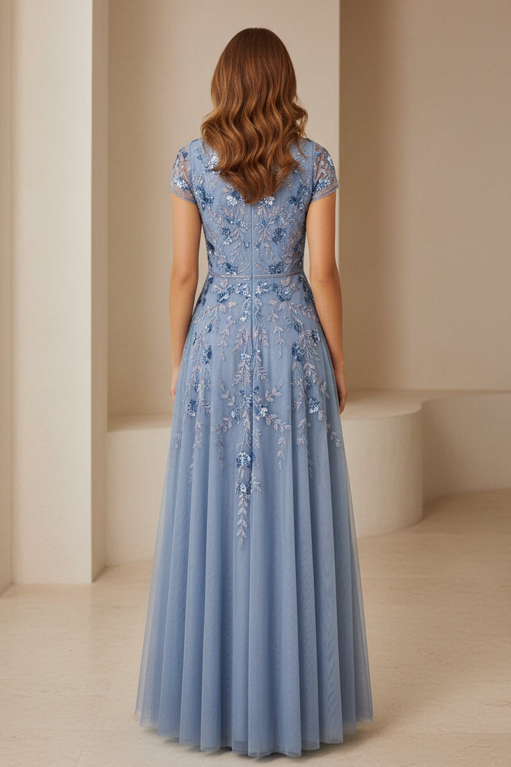 A-Line Tulle Evening Gown with Floral Embroidery