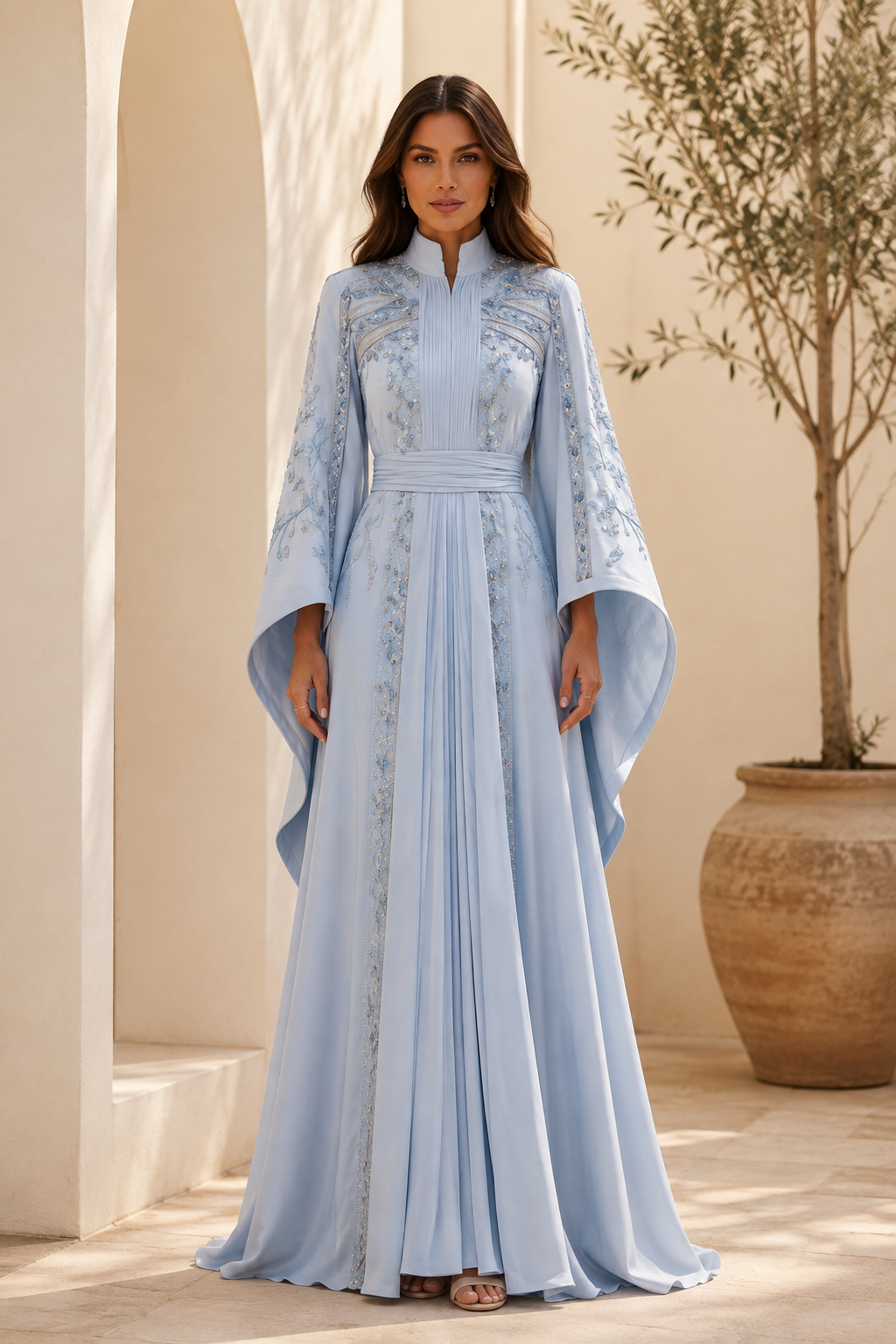 Embroidered High Neck Bell Sleeve A-Line Evening Gown