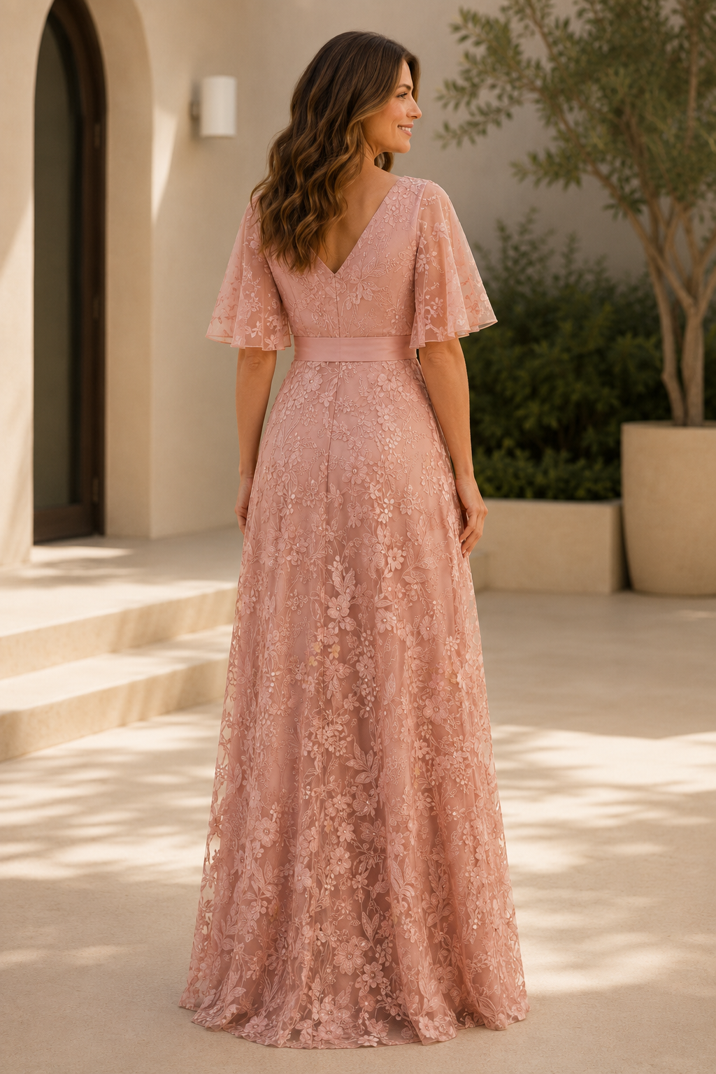 Flutter Sleeve A-Line Lace Evening Gown
