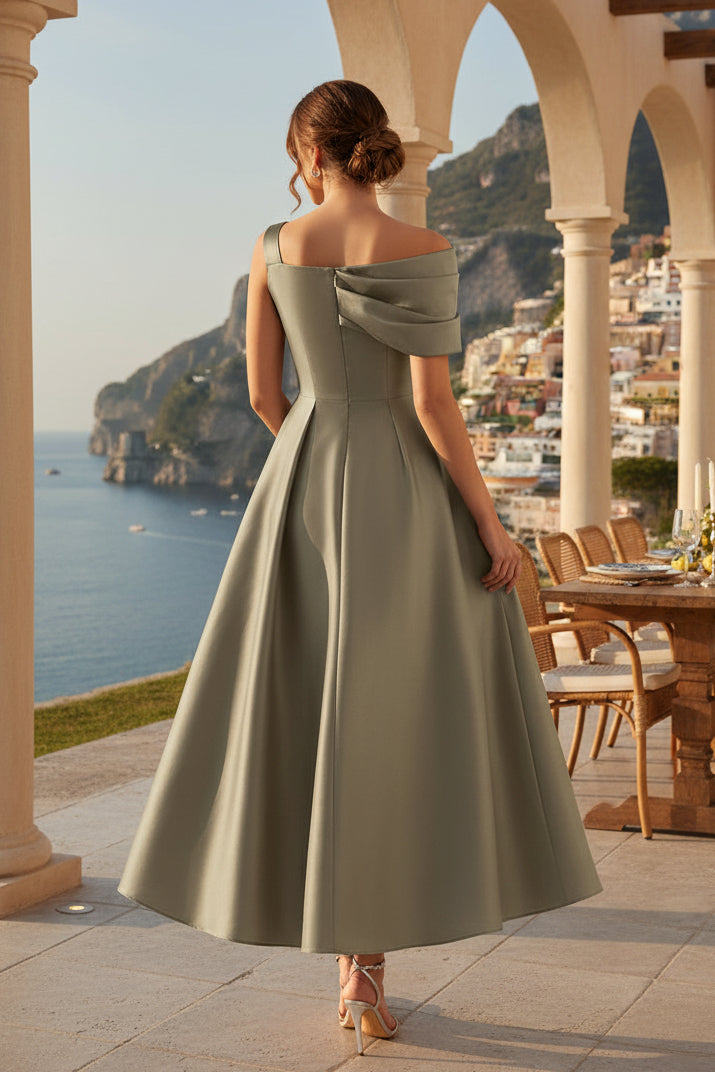 One-Shoulder Satin A-Line Midi Dress with Bow