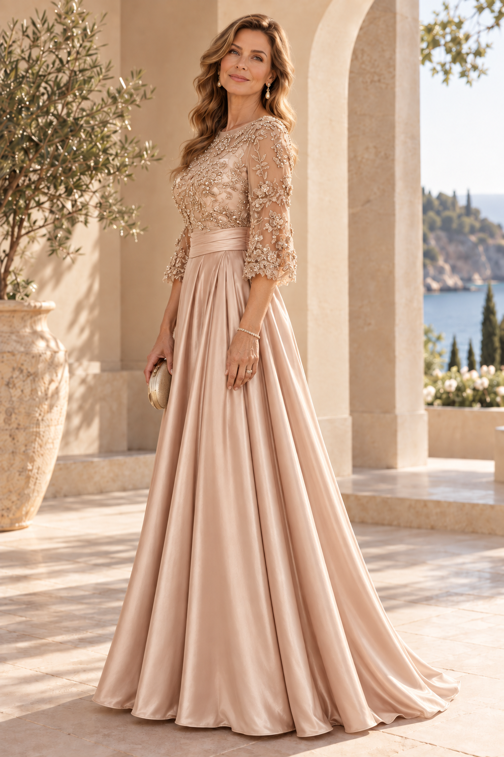 Floral Applique A-Line Gown with 3/4 Sleeves