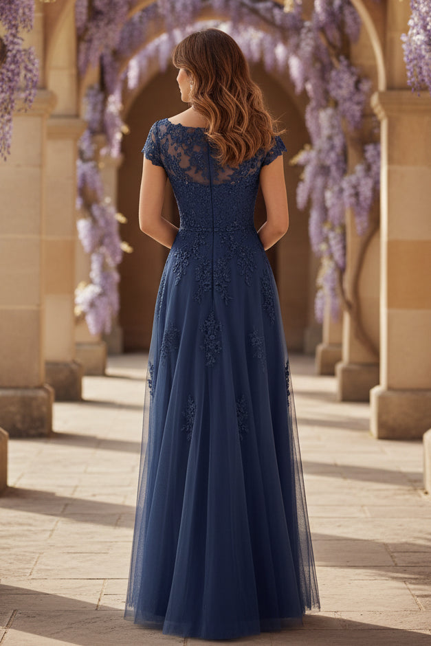 Illusion Bateau Neck Lace and Tulle A-Line Gown