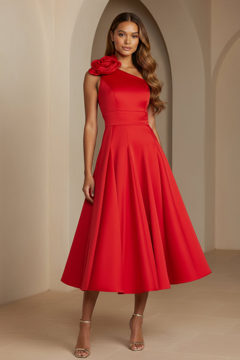 One-Shoulder Pleated Midi Dress with 3D Flower