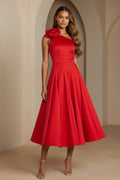 One-Shoulder Pleated Midi Dress with 3D Flower