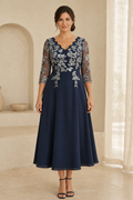 Scalloped V-Neck Tea-Length Dress with Lace Appliques