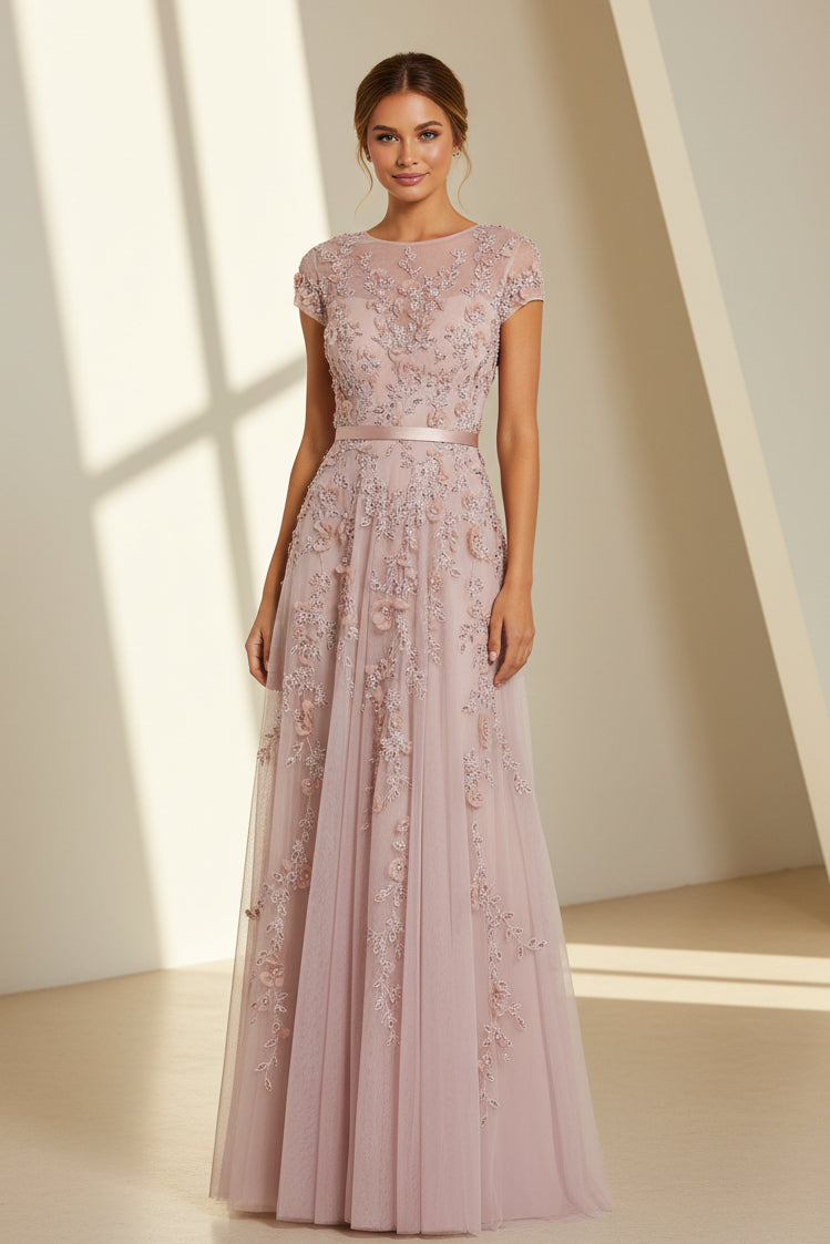 Cap Sleeve 3D Floral Applique A-Line Gown