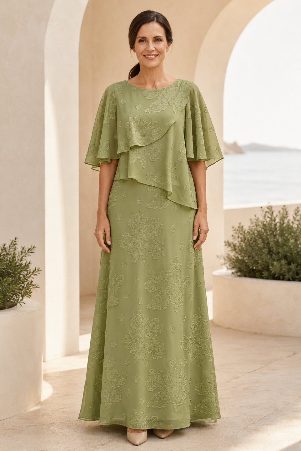Floral Textured A-Line Gown with Flutter Cape Sleeves