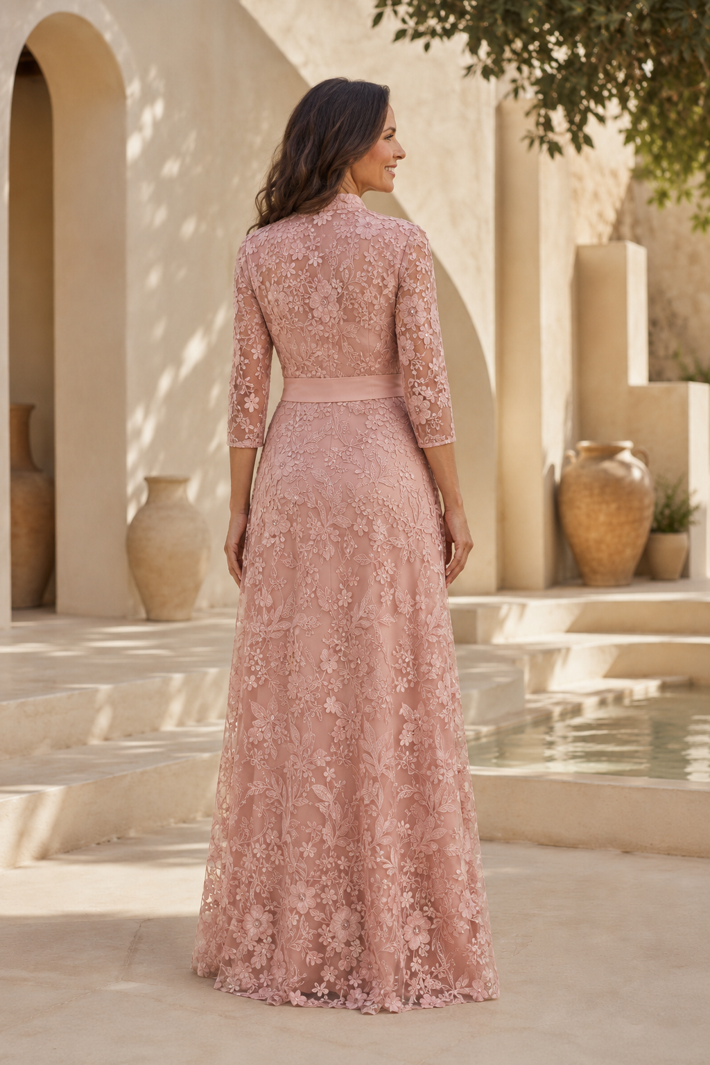 A-Line Lace Evening Gown with 3/4 Sleeves and Sash