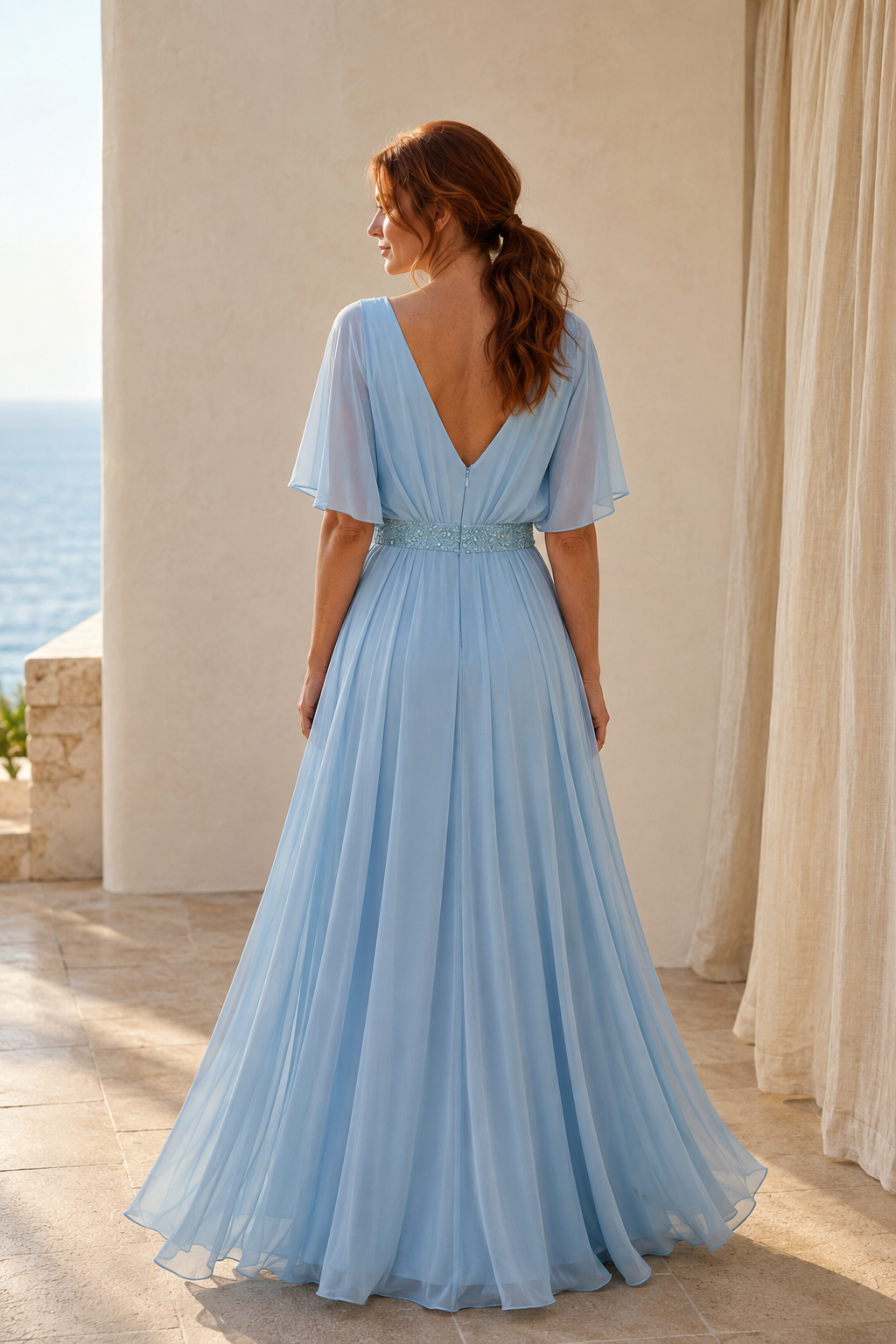 Beaded V-Neck Chiffon Gown with Flutter Sleeves