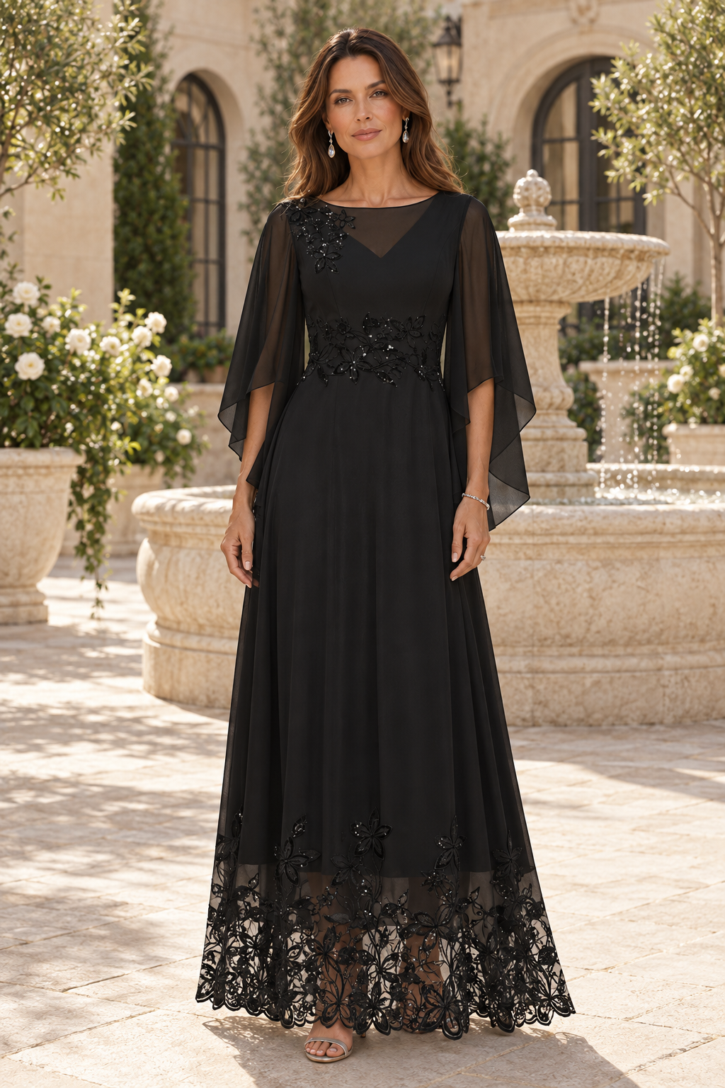 Flutter Sleeve A-Line Gown with Floral Appliques