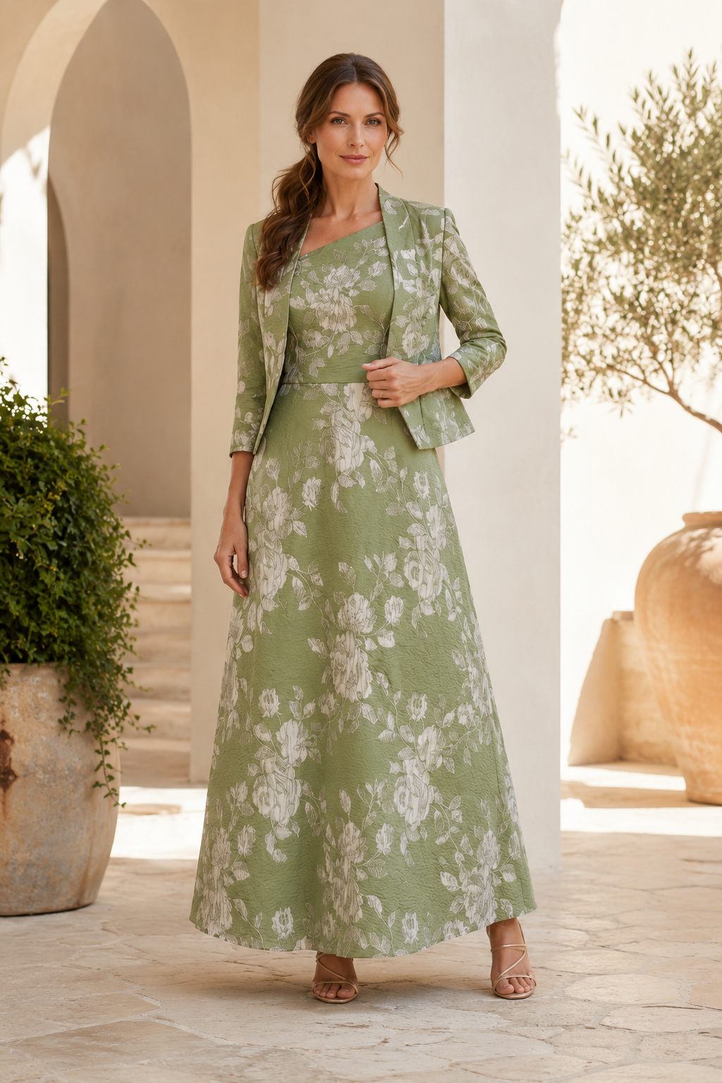 Floral Jacquard A-Line Maxi Dress with Cropped Jacket Set