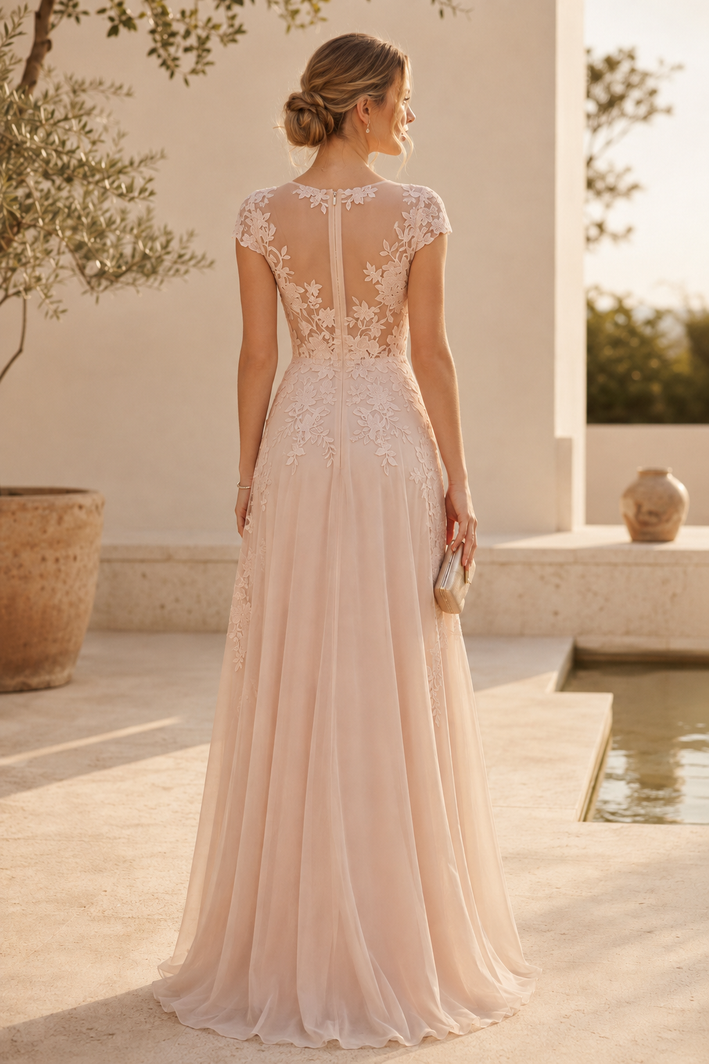 Illusion Lace Bodice Cap Sleeve A-Line Gown