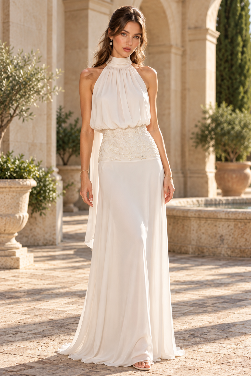 Halter High Neck Gown with Beaded Midriff