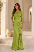 Illusion Lace Bodice Satin Ruffle Evening Gown