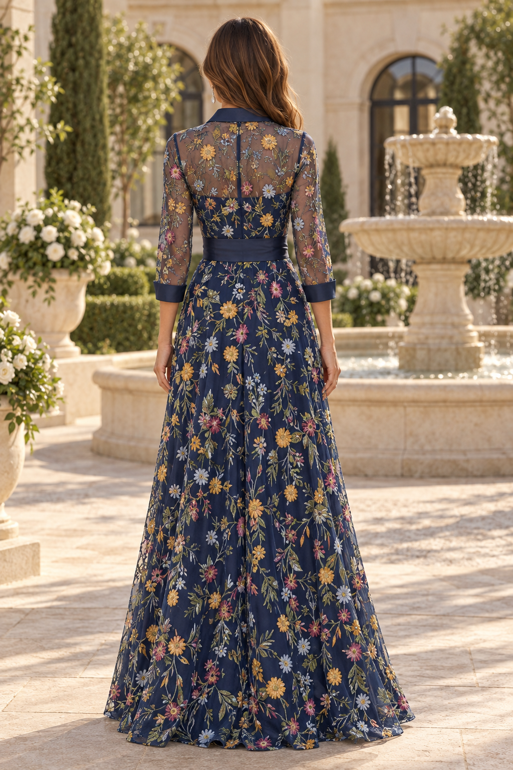 Floral Embroidered 3/4 Sleeve Evening Gown
