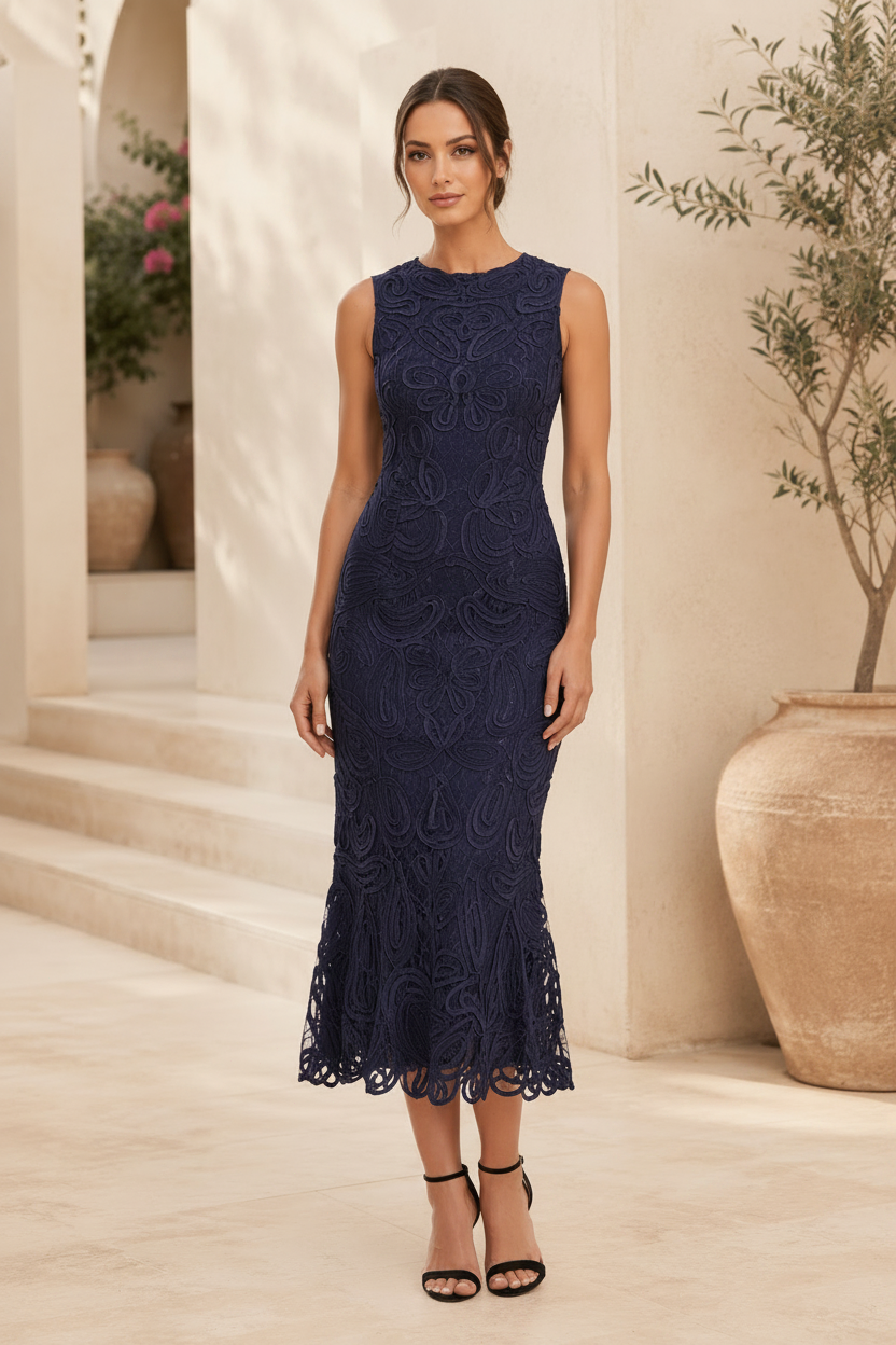 Sleeveless Lace Trumpet Midi Dress with Scalloped Hem