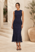 Sleeveless Lace Trumpet Midi Dress with Scalloped Hem