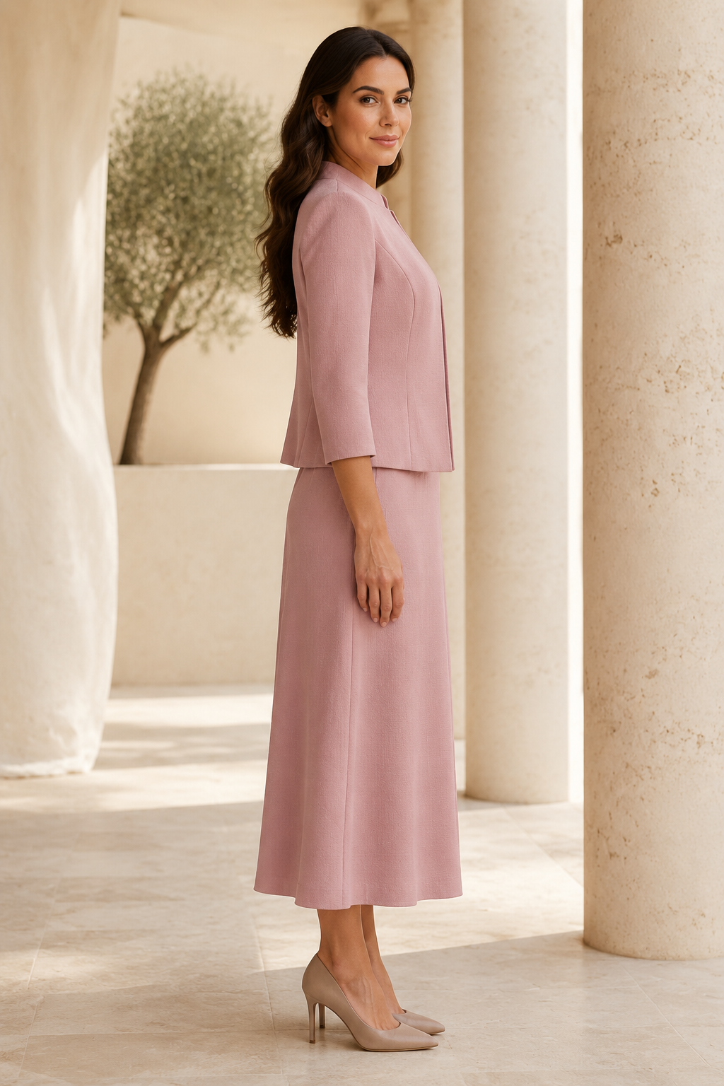 Two-Piece A-Line Midi Dress with 3/4-Sleeve Jacket