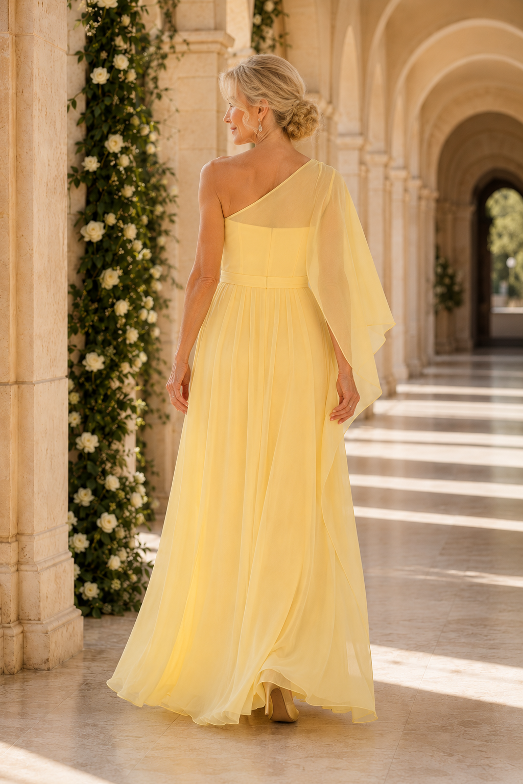 One-Shoulder Cape A-Line Chiffon Gown with Floral Detail