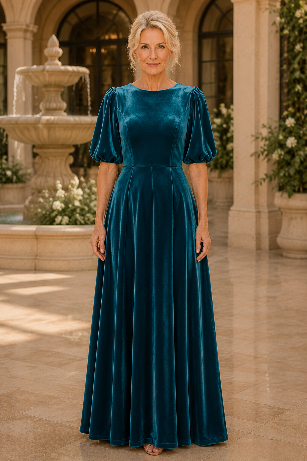 Puff Sleeve Velvet A-Line Maxi Dress