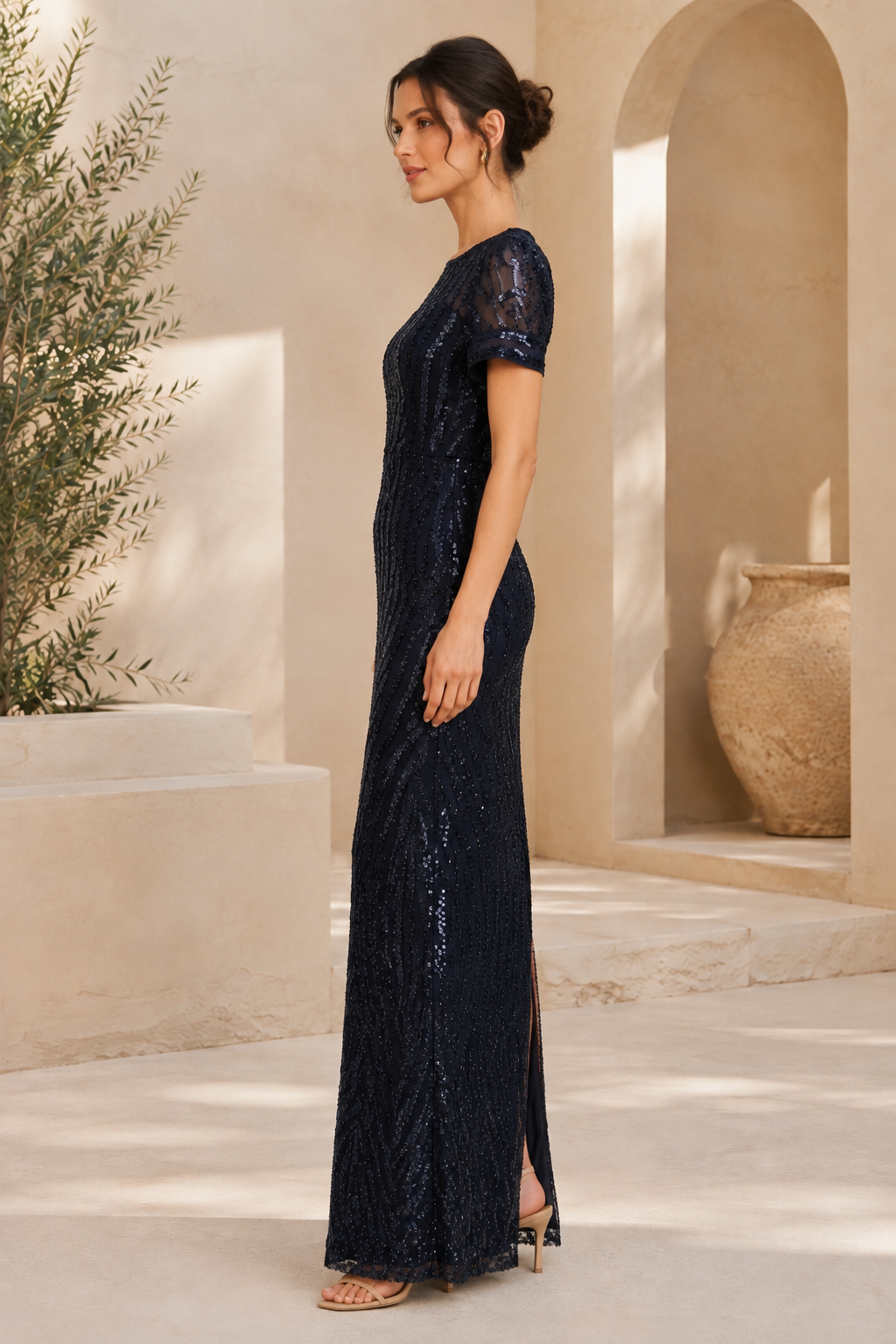 Sequin Illusion Neck Short Sleeve Evening Gown