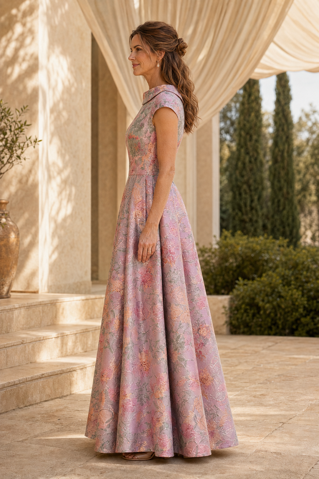 Floral Jacquard Cap Sleeve Pleated A-Line Gown