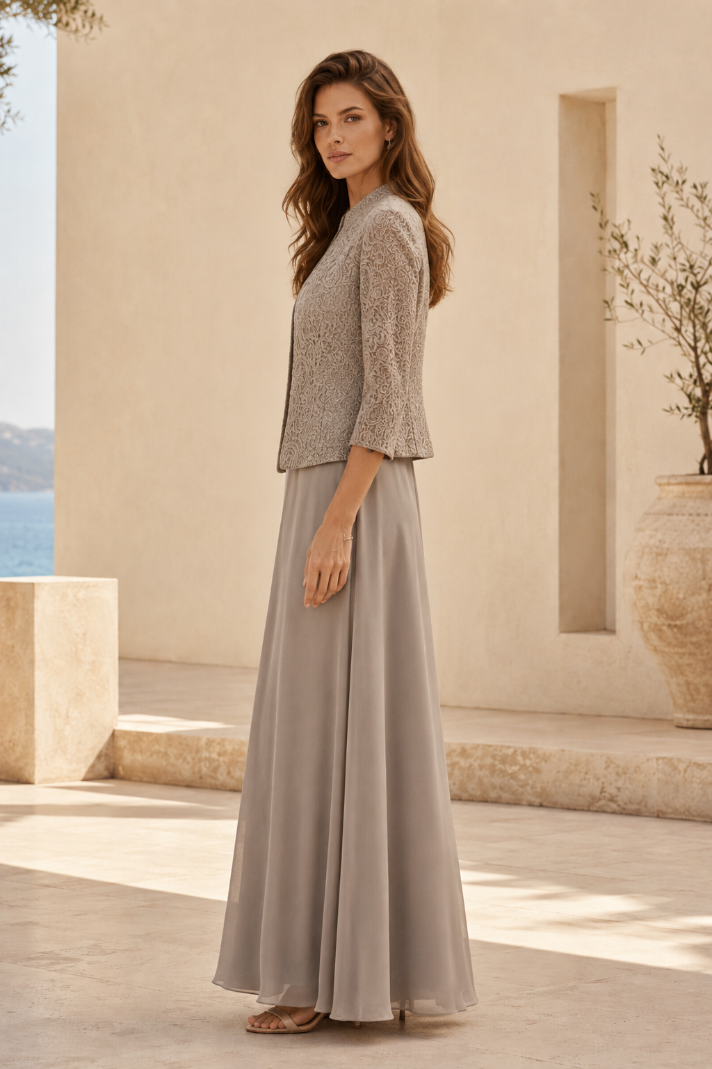 Lace Jacket & Chiffon A-Line Evening Gown