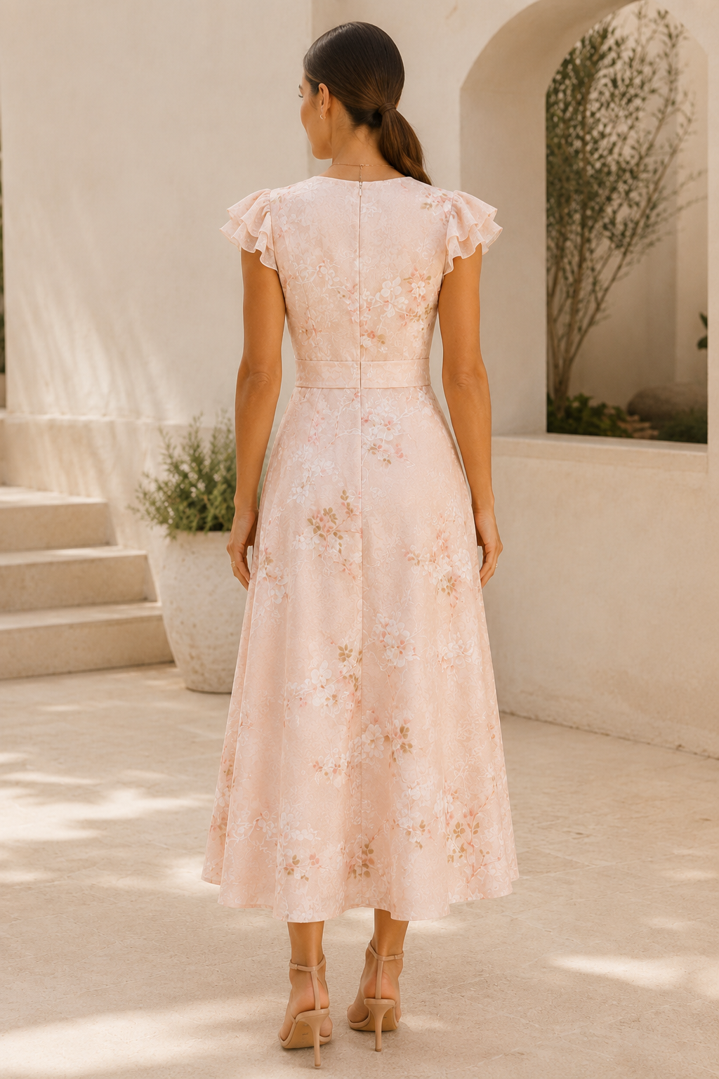 Floral V-Neck Midi Dress with Flutter Sleeves