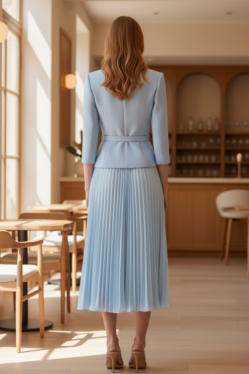 Two-Piece Pleated Midi Skirt and Jacket Set