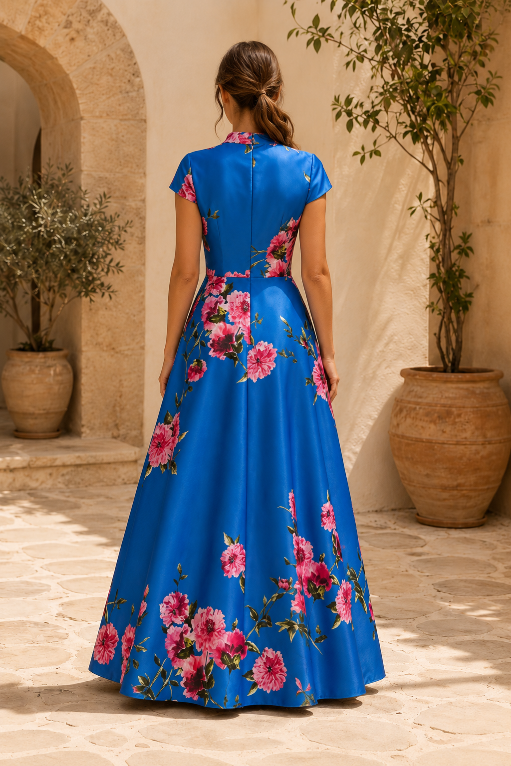 Floral Print Satin A-Line Maxi Dress with Cap Sleeves