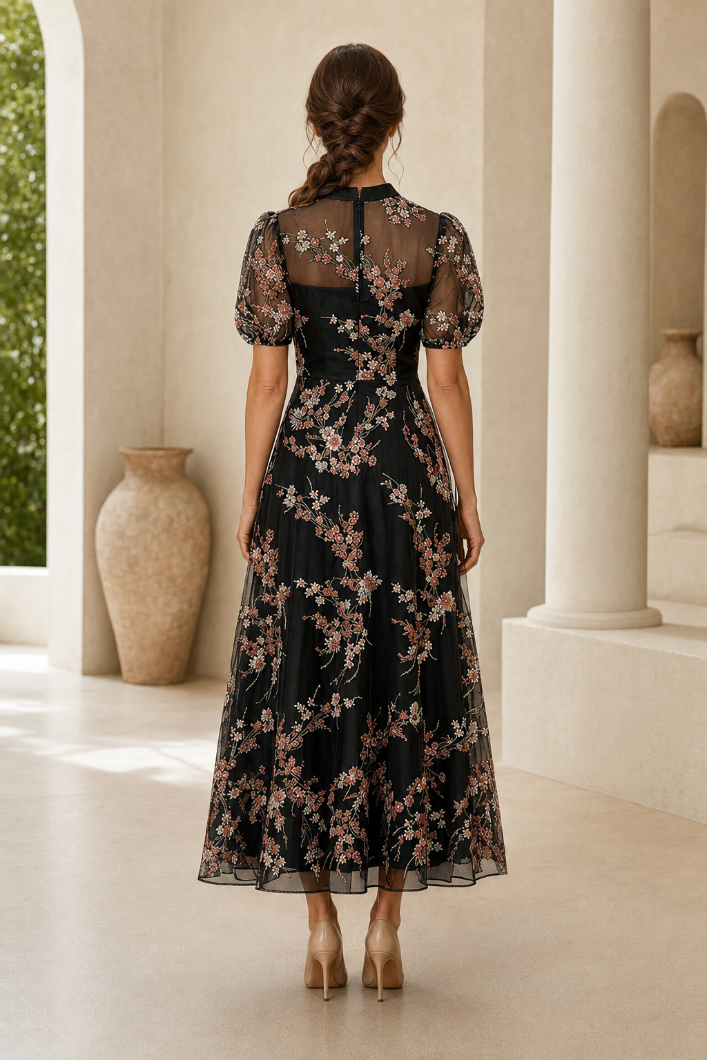 Floral Embroidered Puff Sleeve A-Line Midi Dress