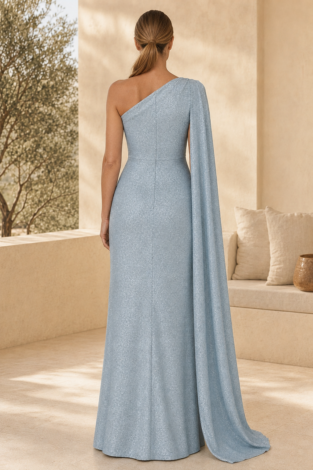 One-Shoulder Glitter Gown with Draped Cape