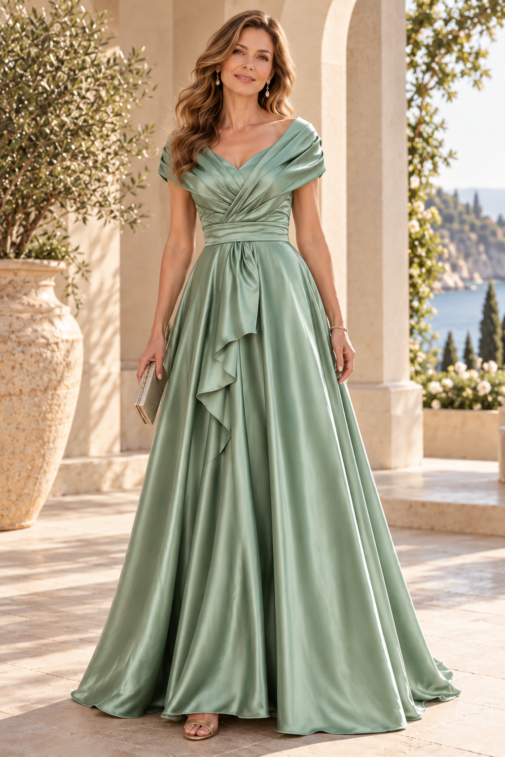 Pleated V-Neck Satin A-Line Gown with Front Drape