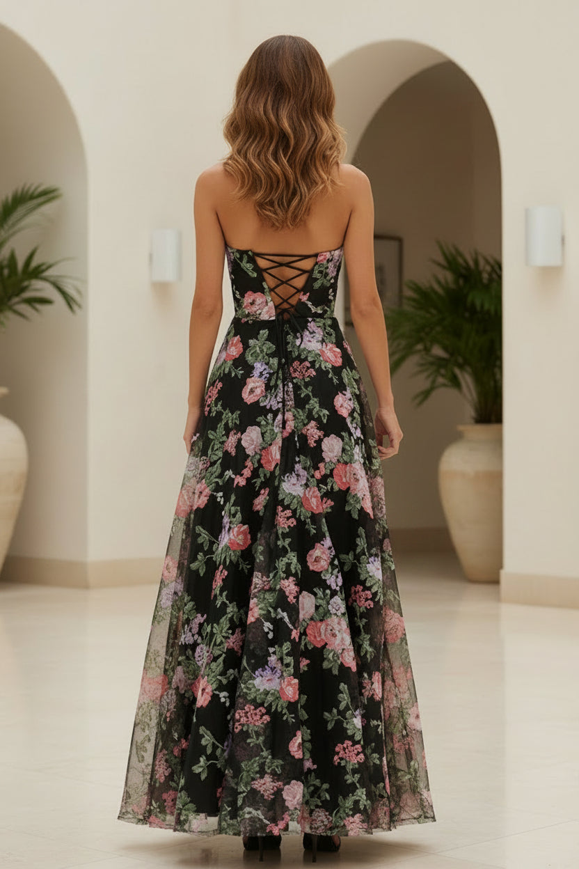 Strapless Floral Embroidered A-Line Gown