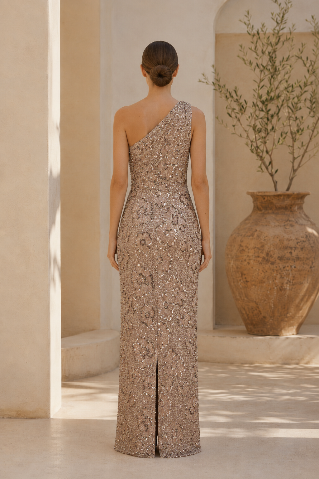 One Shoulder Sequin Floral Sheath Evening Gown