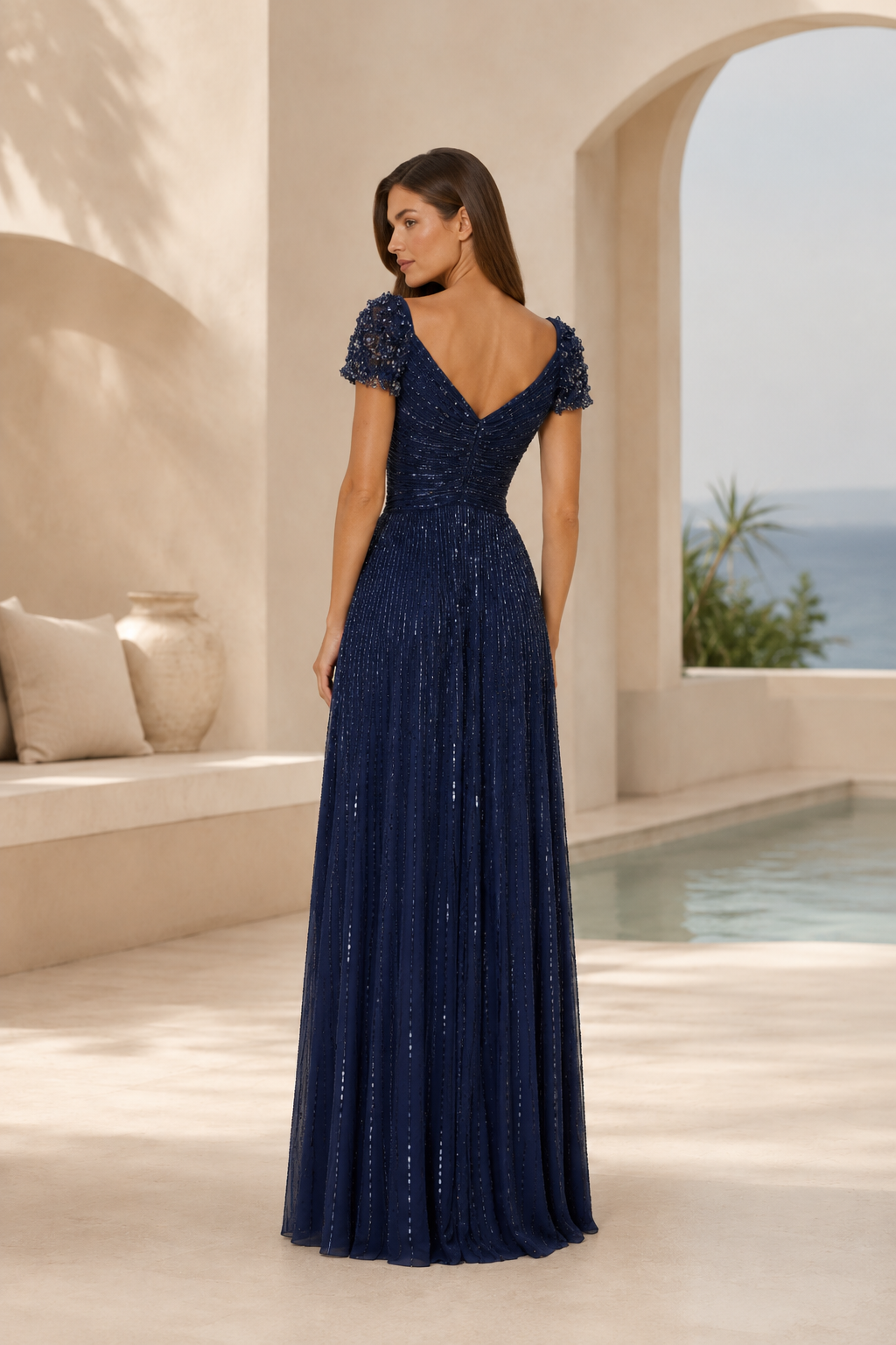Sequin A-Line Gown with Floral Sleeves and V-Back