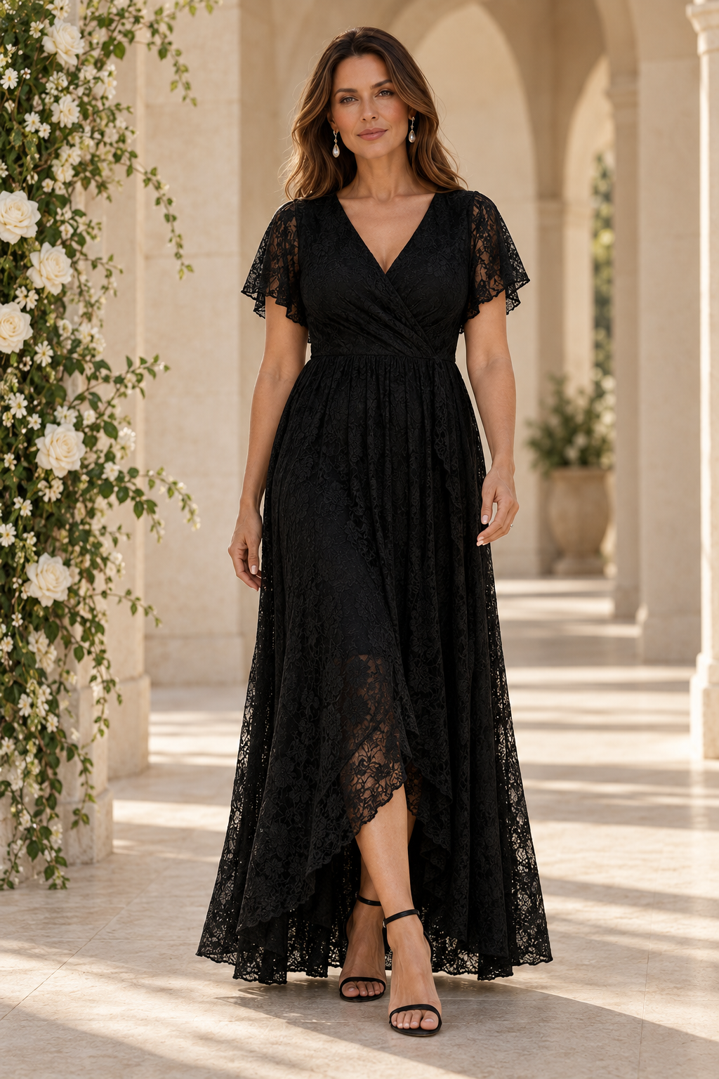 Lace Wrap High-Low Maxi Dress with Flutter Sleeves
