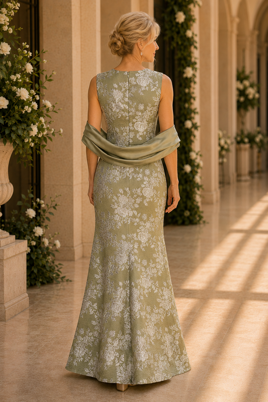 Floral Jacquard Sleeveless Trumpet Gown with Shawl