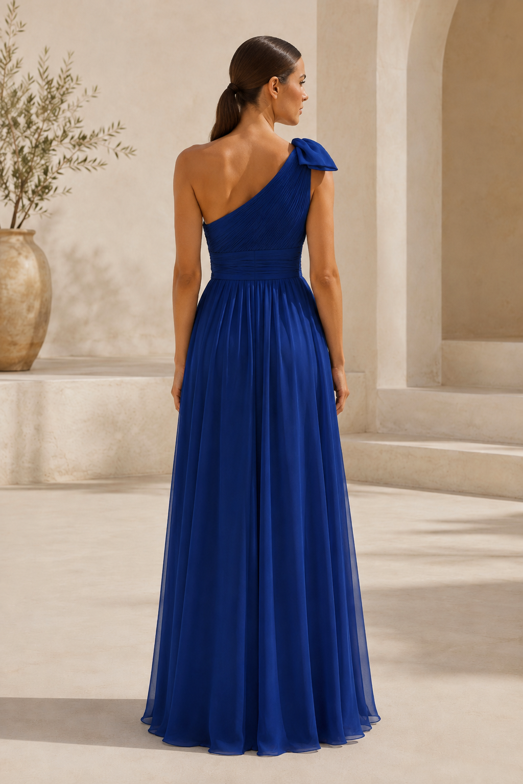 One Shoulder Chiffon Gown with Bow Detail
