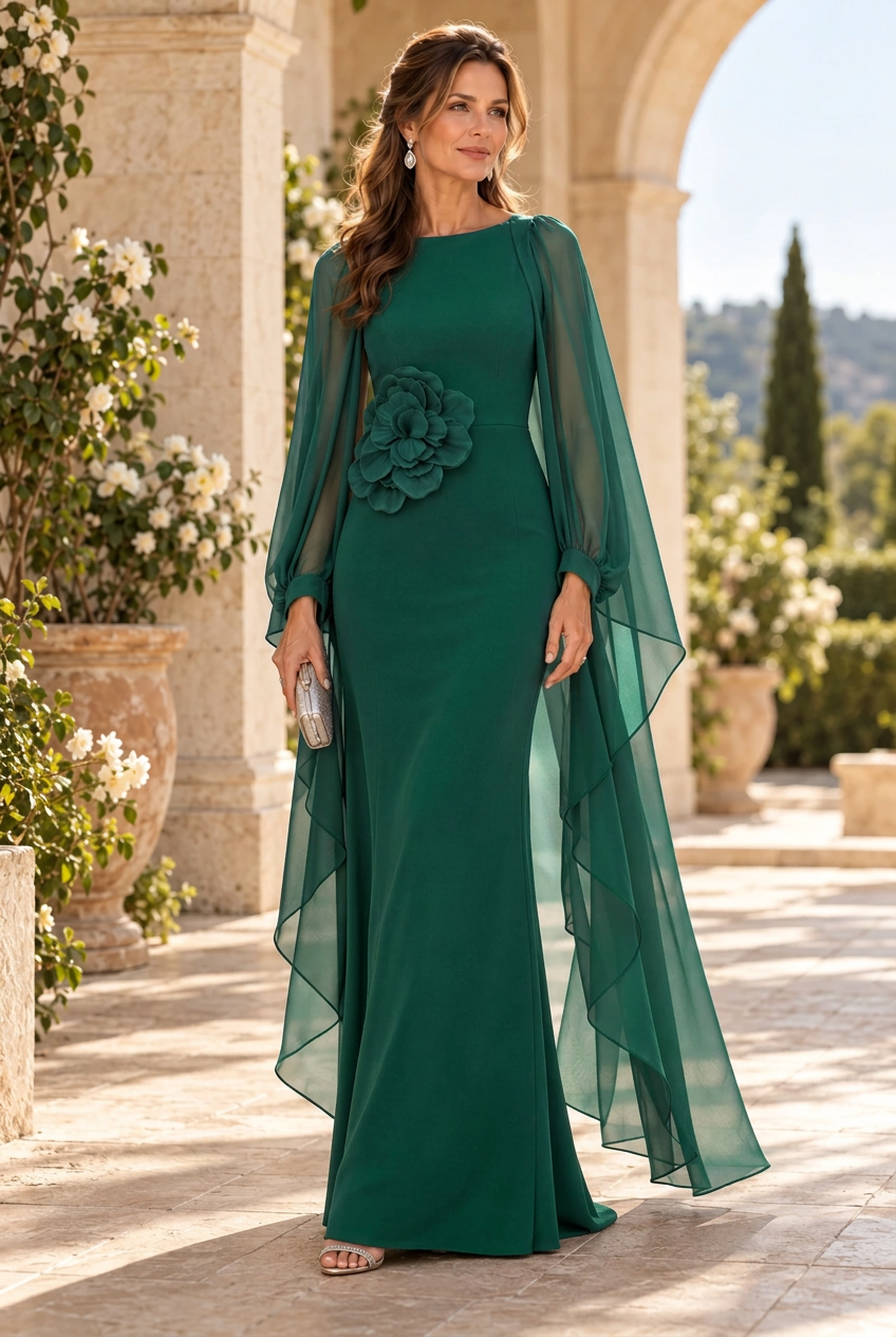 Chiffon Cape Sleeve Evening Gown with 3D Flower