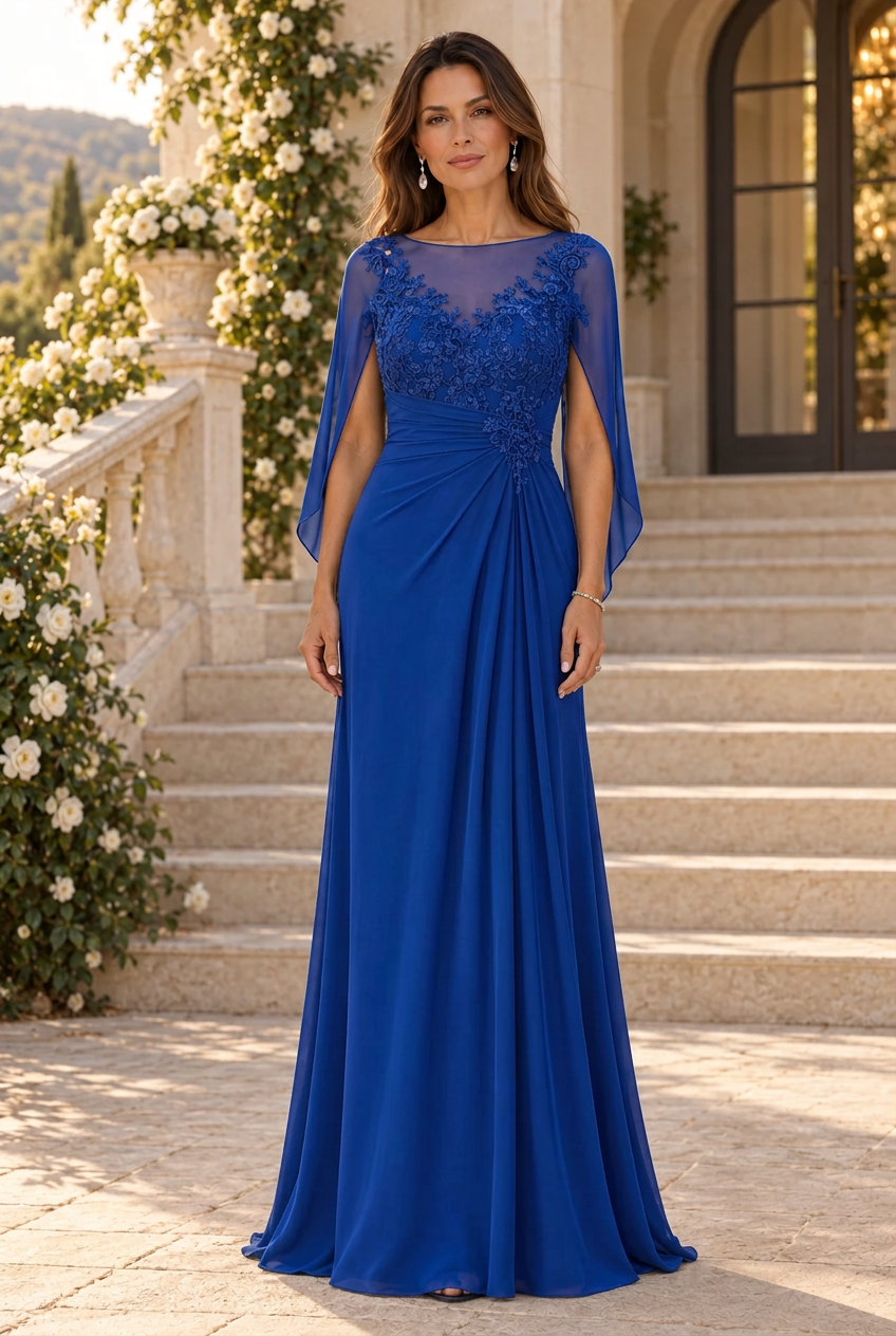 Illusion Neckline Cape Evening Gown with Appliques