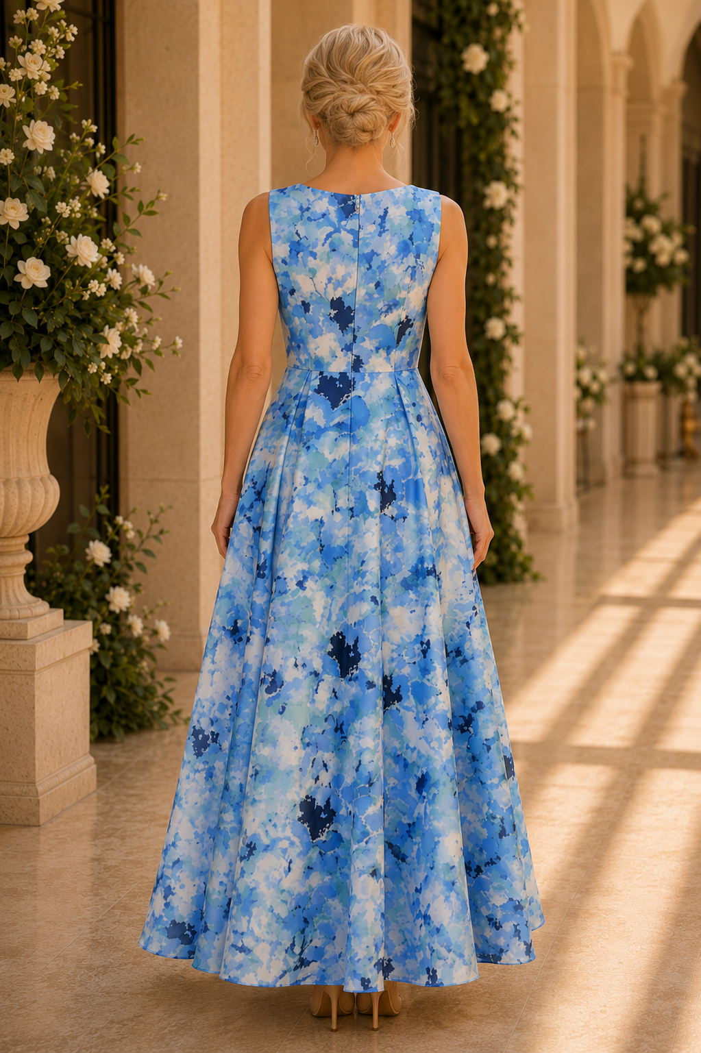 Floral Print Sleeveless Bateau Neck Pleated Dress
