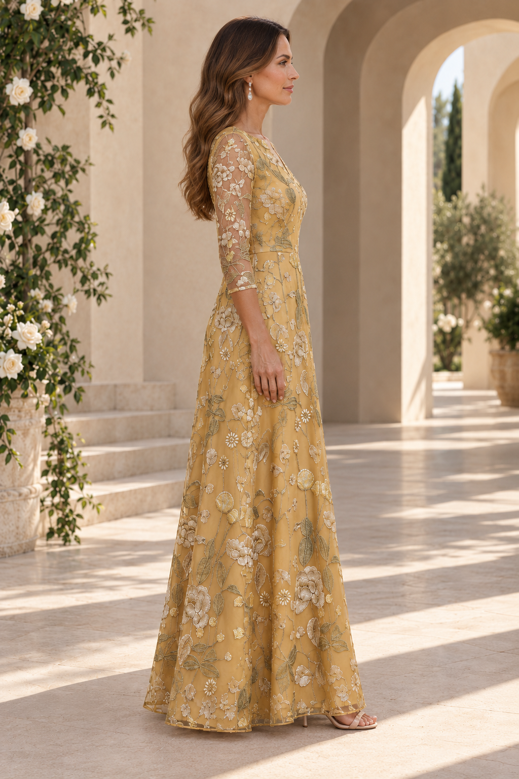 Floral Embroidered A-Line Gown with 3/4 Sleeves