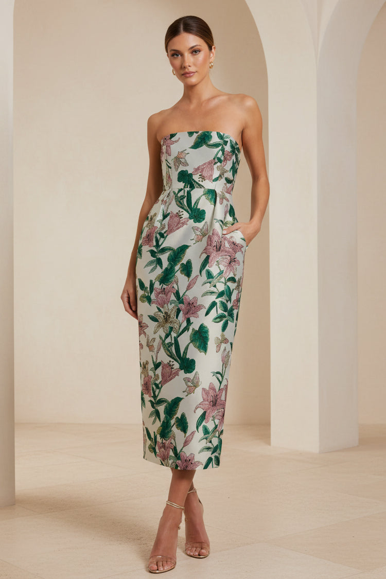 Strapless Jacquard Midi Dress with Pockets