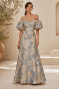 Off-the-Shoulder Puff Sleeve Jacquard A-Line Gown