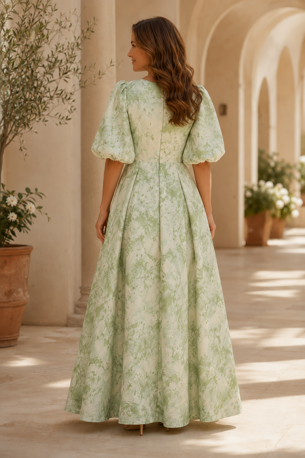 Puff Sleeve Pleated A-Line Floral Maxi Dress