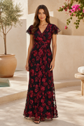 Floral Embroidered Mesh Maxi Dress with Flutter Sleeves
