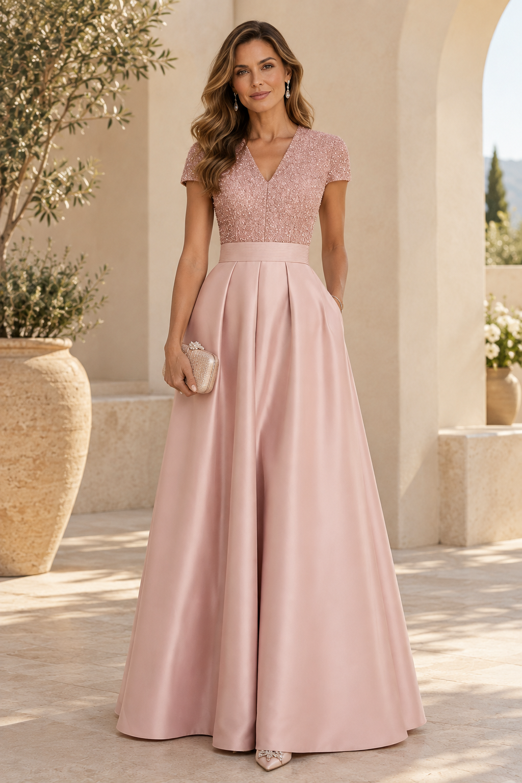 Beaded Bodice A-Line Gown with Pleated Skirt